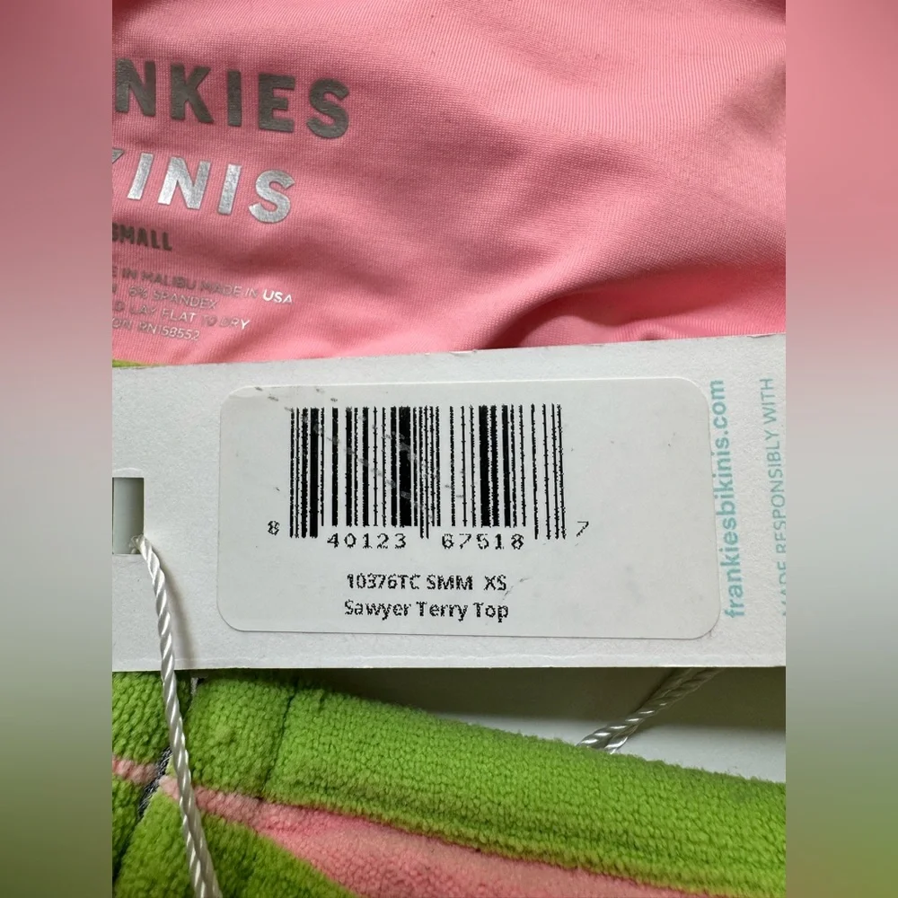 NWT Frankie's Bikinis Sawyer Terry Halter Bikini Top | Pink & Green | XS